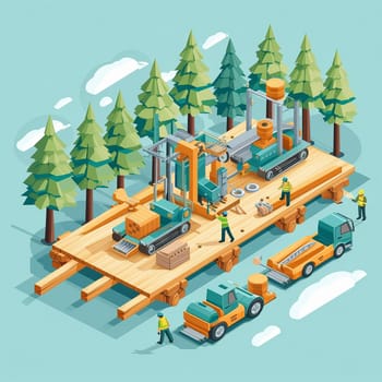 Project teamwork at sawmills. isometric illustration. High quality illustration