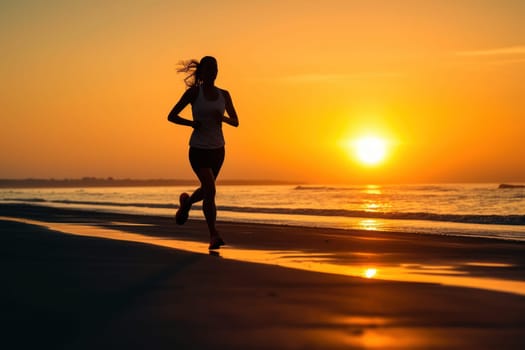 Silhouette of a woman running at sunset with the sun in the background.