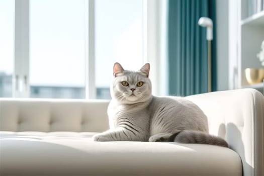 Modern living room interior Cute cat near couch.