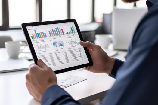 Close-up hand of Businessperson uses a tablet for analysis of business data.