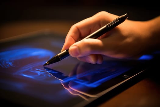 Close up of a hand drawing or writing on a digital tablet.
