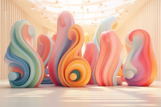 Abstract pastel swirls in a modern 3D art gallery setting, perfect for vibrant advertising, contemporary backgrounds, or creative visuals. Generative AI