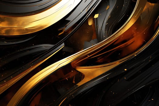 Dynamic black and gold swirls with sparkling particles, suitable for luxury branding, high-end design, or dramatic backgrounds. Generative AI