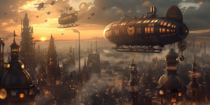 Fantasy steampunk airships float amongst clouds against a dramatic sunset backdrop, evoking adventure and exploration. Resplendent.