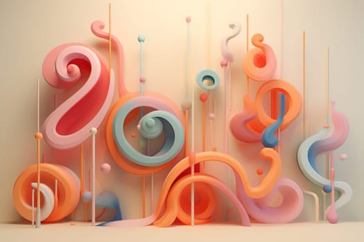 Surreal 3D shapes in pastel tones create an abstract scene, ideal for dynamic wallpapers, modern art concepts, or unique graphic materials. Generative AI