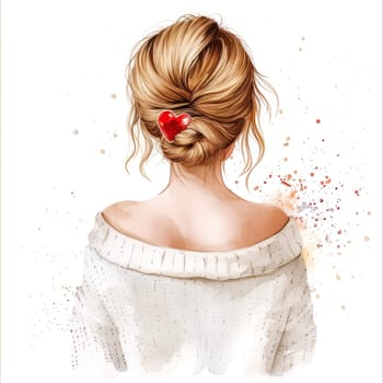 Png Watercolor Beautiful Romantic Young Woman Back View Illustration, Messy Hair with Heart Shape Hairpin. Valentine's Day or Birthday Clip Art