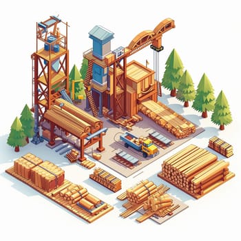 Project teamwork at sawmills. isometric illustration. High quality illustration