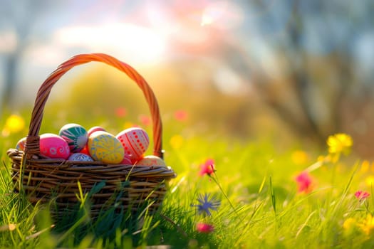 Colorful eggs Easter in a basket in spring sunny blooming cherry orchard. generative ai..