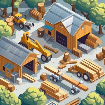 Project teamwork at sawmills. isometric illustration. High quality illustration