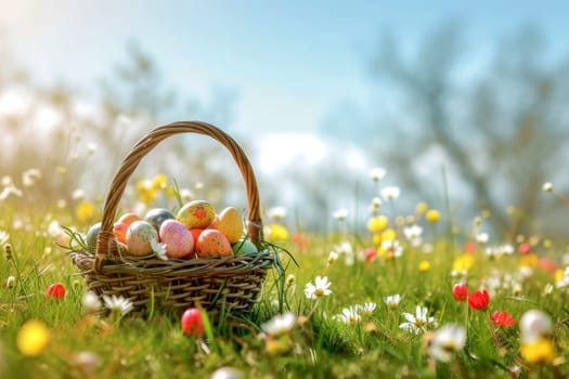 Colorful eggs Easter in a basket in spring sunny blooming cherry orchard. generative ai..