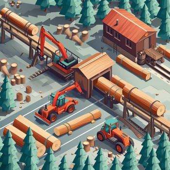 Project teamwork at sawmills. isometric illustration. High quality illustration