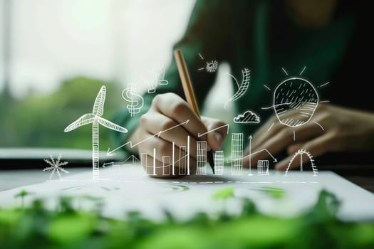 a hand sketched energy Sustainable energy process. Green energy production. .Generative AI.
