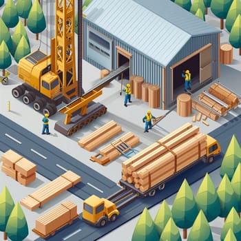 Project teamwork at sawmills. isometric illustration. High quality illustration