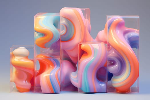 Abstract pastel shapes encapsulated in clear blocks, perfect for modern installations, artistic compositions, or visual metaphors. Generative AI