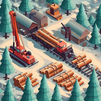 Project teamwork at sawmills. isometric illustration. High quality illustration