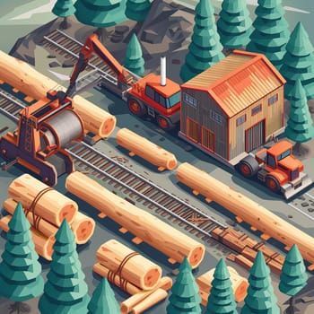 Project teamwork at sawmills. isometric illustration. High quality illustration