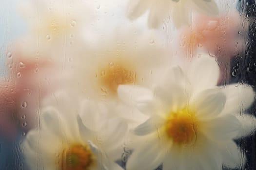 Background of blooming flowers in front of glass with water drops.