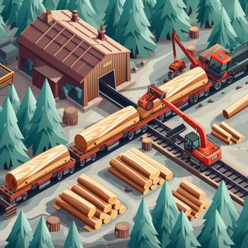 Project teamwork at sawmills. isometric illustration. High quality illustration