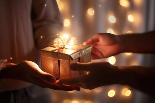 Close-up of hands giving a gift box in festival stock photography concepts.