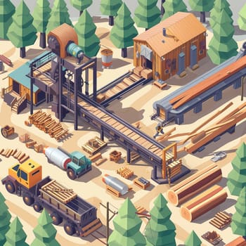 Project teamwork at sawmills. isometric illustration. High quality illustration