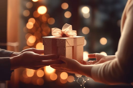 Close-up of hands giving a gift box in festival stock photography concepts.