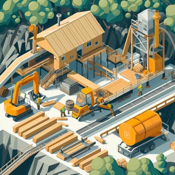 Project teamwork at sawmills. isometric illustration. High quality illustration