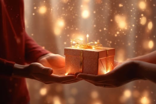 Close-up of hands giving a gift box in festival stock photography concepts.