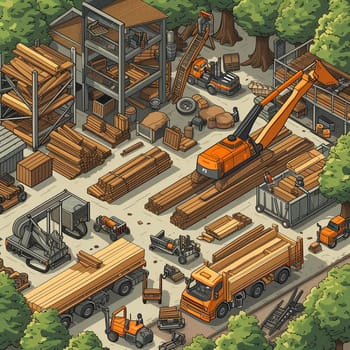 Project teamwork at sawmills. isometric illustration. High quality illustration