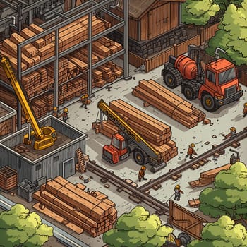 Project teamwork at sawmills. isometric illustration. High quality illustration