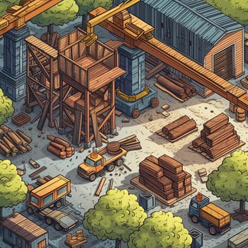 Project teamwork at sawmills. isometric illustration. High quality illustration