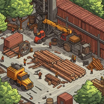 Project teamwork at sawmills. isometric illustration. High quality illustration