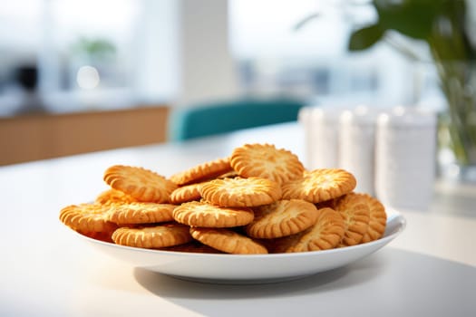 Delicious, Homemade Pastry: Tasty Snack on Golden Plate with Crunchy Butter Biscuits, Freshly Baked and Stacked in a Small Heap, Tempting Sweet Treat on Blue Background.