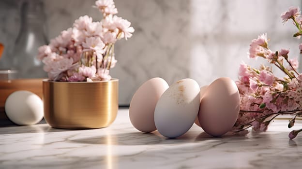 Spring Celebration: A Colorful Table of Decorative Easter Eggs, Fresh Tulips, and Healthy Breakfast in Nature's Color Palette