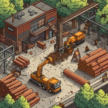 Project teamwork at sawmills. isometric illustration. High quality illustration