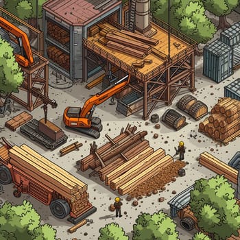 Project teamwork at sawmills. isometric illustration. High quality illustration