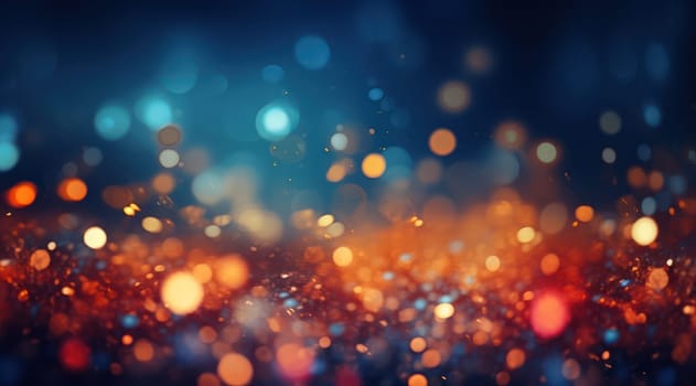 Glimmering Festive Night: A Glowing Bokeh of Abstract, Blurred Christmas Light Spots on a Dark Blue and Gold Background.