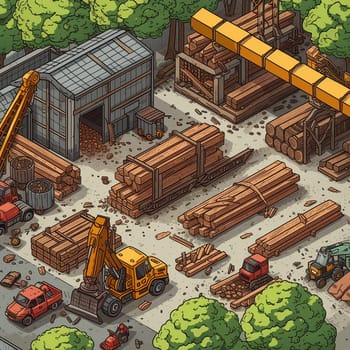 Project teamwork at sawmills. isometric illustration. High quality illustration