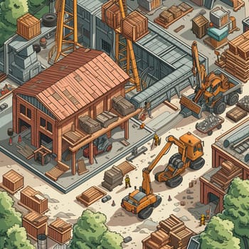 Project teamwork at sawmills. isometric illustration. High quality illustration