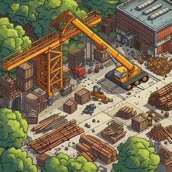 Project teamwork at sawmills. isometric illustration. High quality illustration