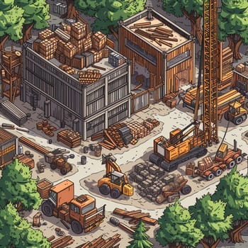 Project teamwork at sawmills. isometric illustration. High quality illustration