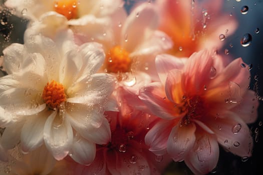 Background of blooming flowers in front of glass with water drops.