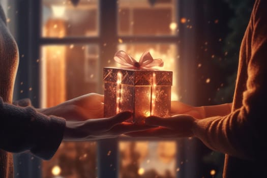 Close-up of hands giving a gift box in festival stock photography concepts.