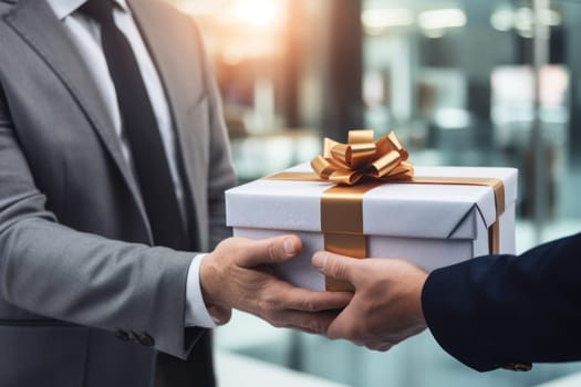 Close-up view of hands Giving a business gift in an office.