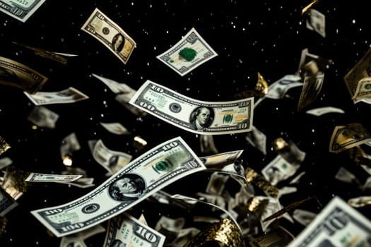 dollar bills falling with colorful background.