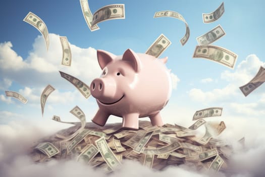 A lot of dollar money with piggy bank.