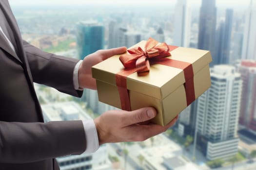 Close-up view of hands Giving a business gift in an office.