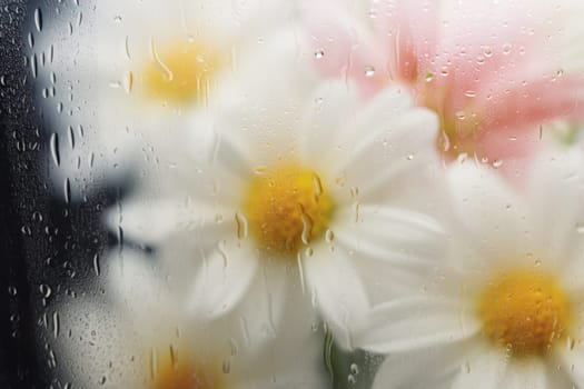 Background of blooming flowers in front of glass with water drops.