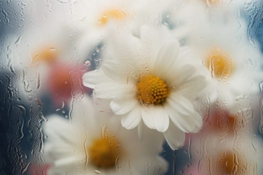 Background of blooming flowers in front of glass with water drops.