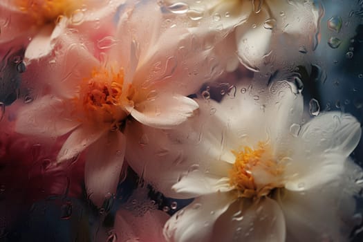 Background of blooming flowers in front of glass with water drops.