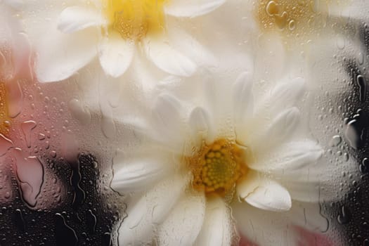 Background of blooming flowers in front of glass with water drops.